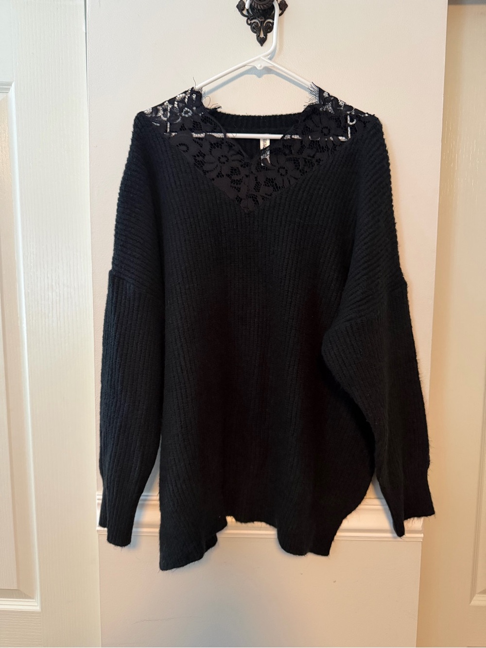 Women's Black V-Neck Sweater with Lace Yoke